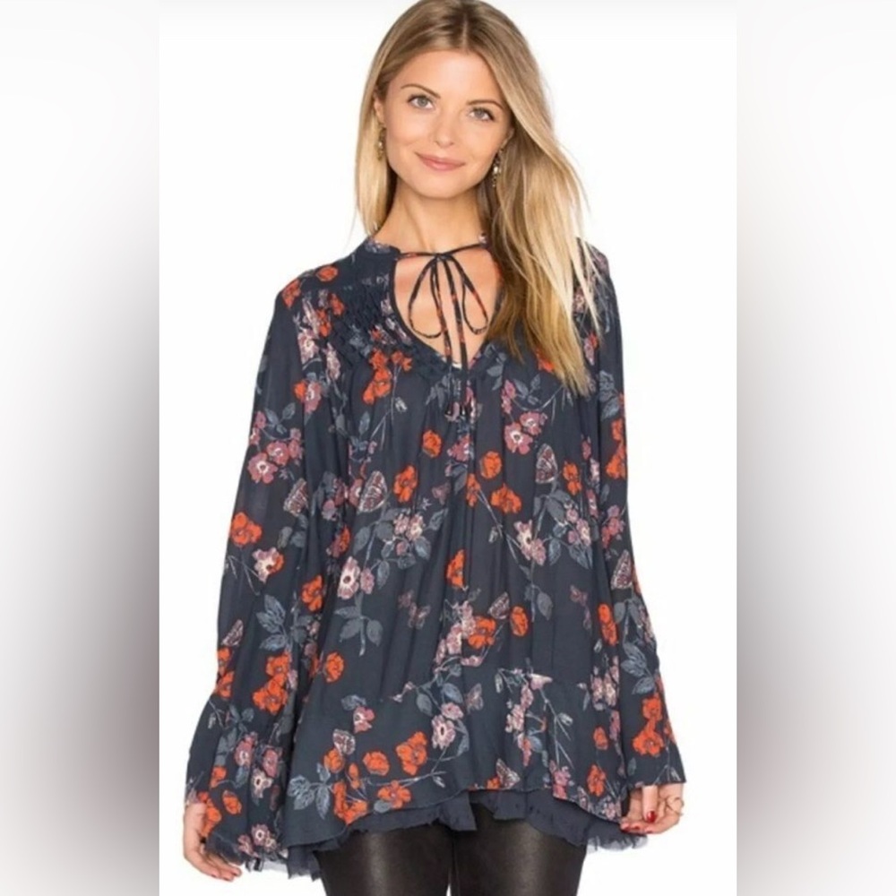 Free People Dark Floral Blouse with Tie-Neck XS oversized